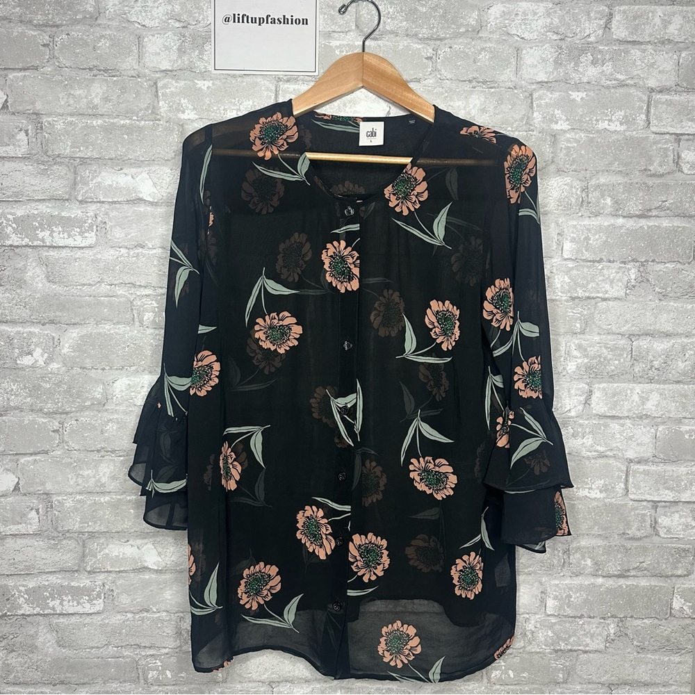 EUC CAbi Sheer Black Flower Bell Sleeve Blouse Size Large